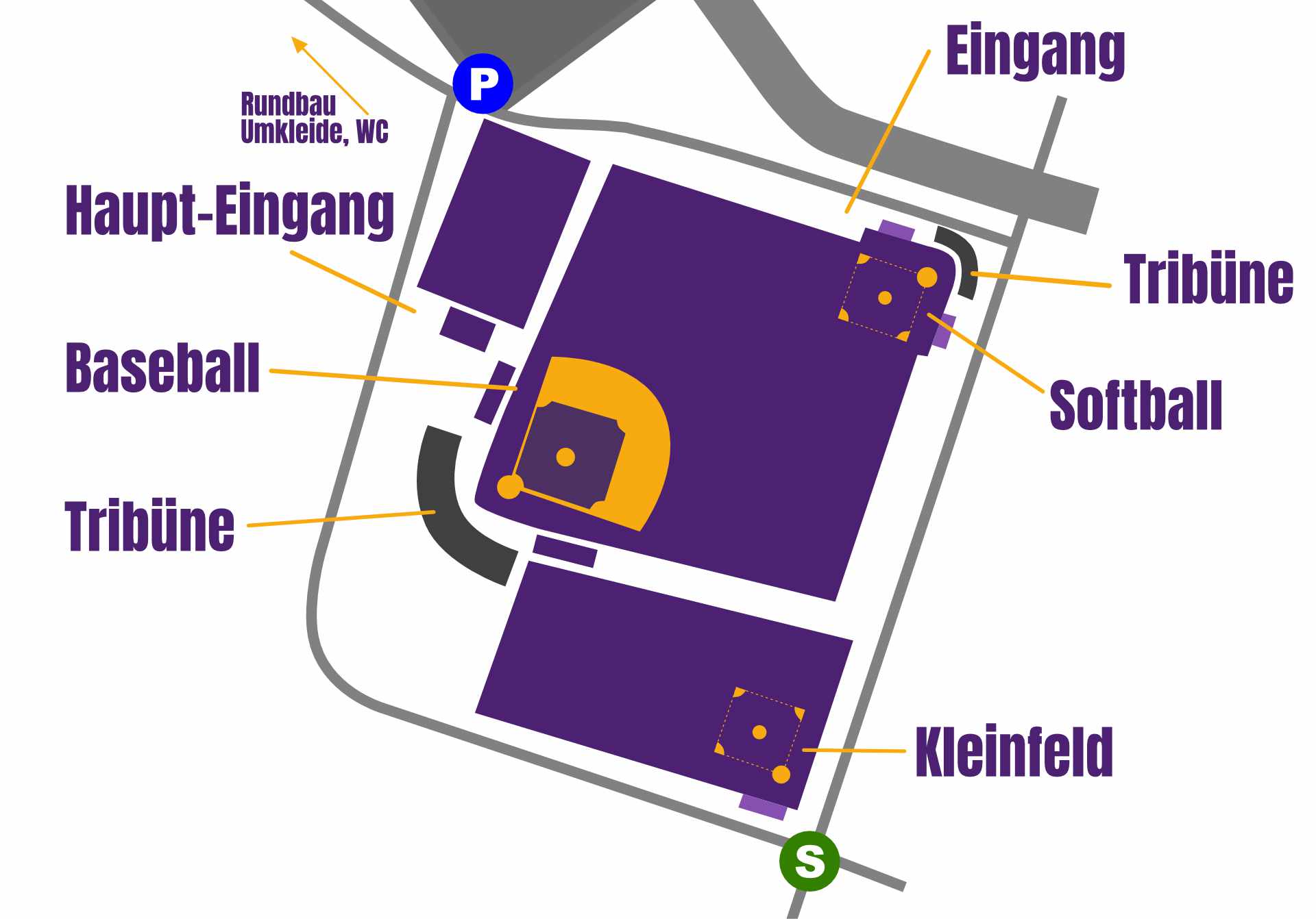 Erster Besuch bei den Disciples? Die Übersichtskarte zeigt dir unser Baseballgelände in Haar bei München auf einen Blick