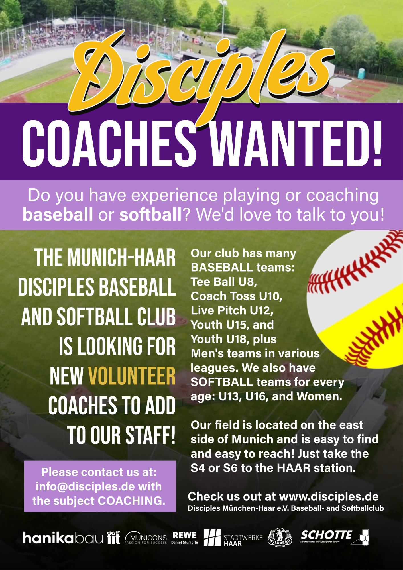 The Munich-Haar Disciples Baseball and Softball Club is looking for new volunteer coaches to add to our staff!