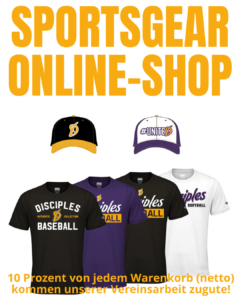 Sportsgear Online-Shop. Hol dir deinen Disciples-Merch!10 Prozent von jedem Warenkorb (netto) kommen unserer Vereinsarbeit zugute!