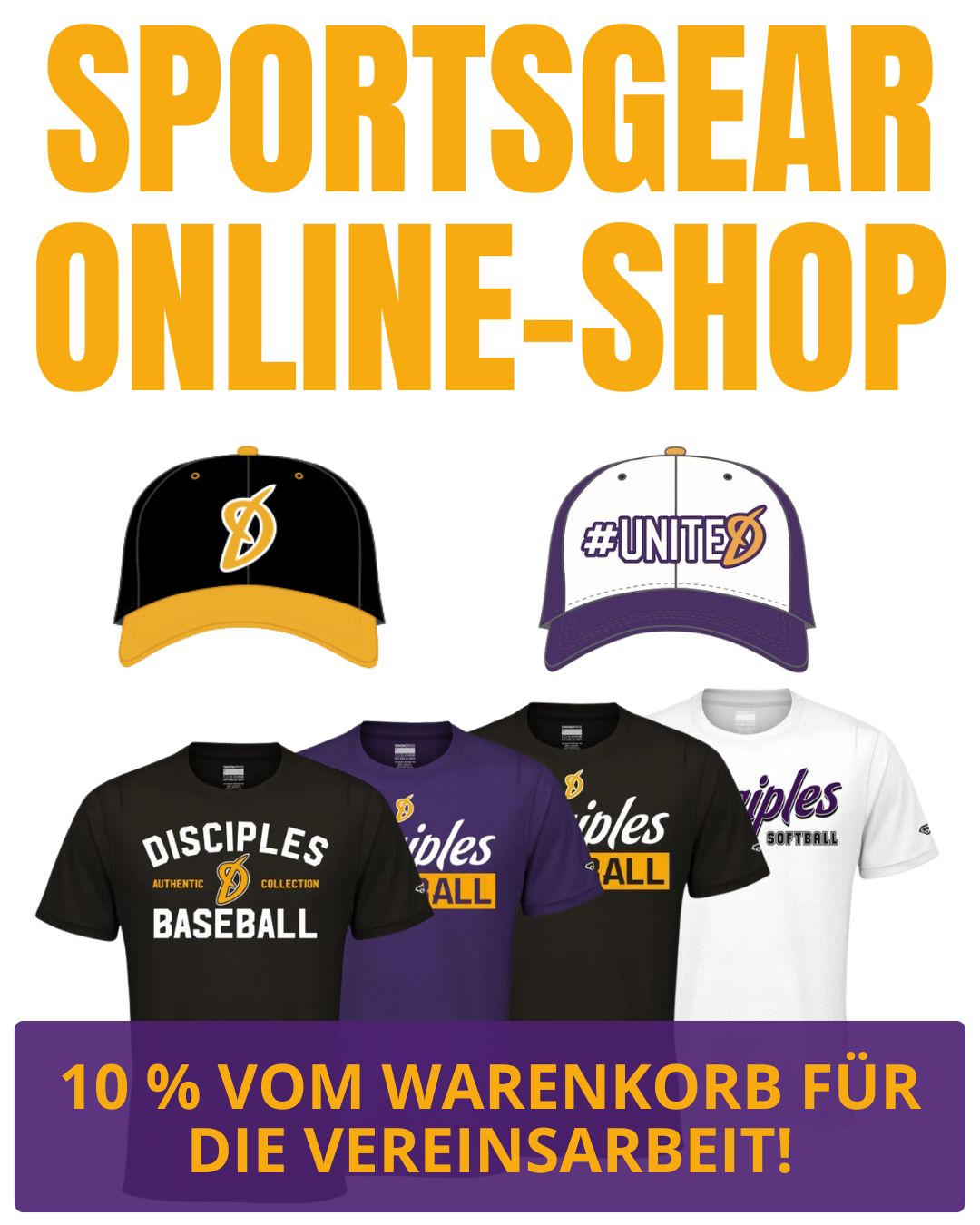 Sportsgear Online-Shop. Hol dir deinen Disciples-Merch!10 Prozent von jedem Warenkorb (netto) kommen unserer Vereinsarbeit zugute!